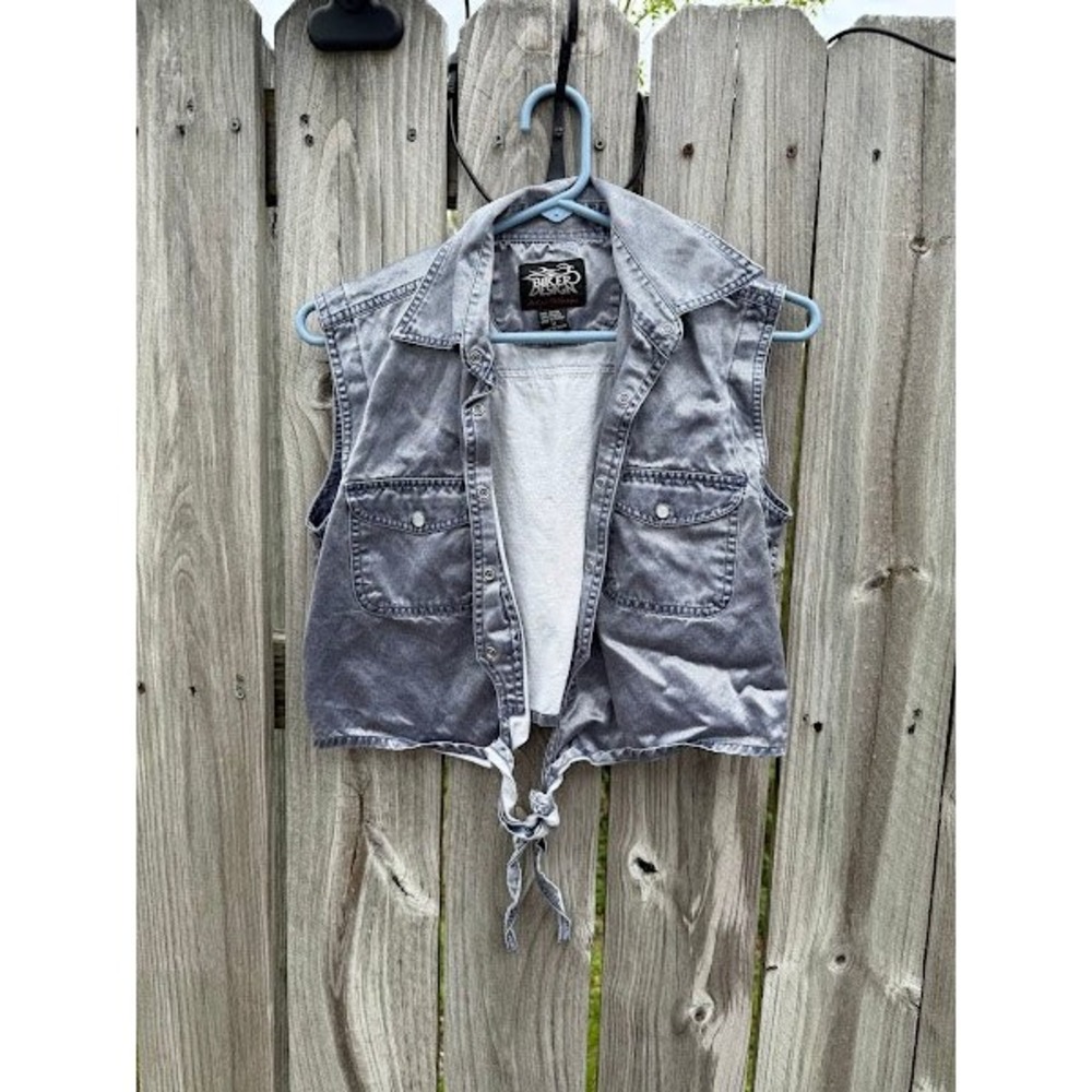 Biker Design Ladies Gray Acid Wash Rhinestone Motorcycle Crop Tie Front Vest M‎